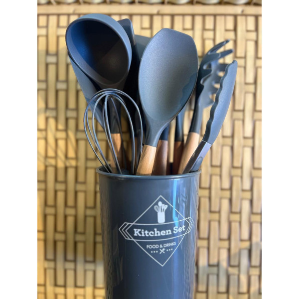KIT UTENSILIOS DE SILICONE P/COZ C CABO MADEIRA CINZA