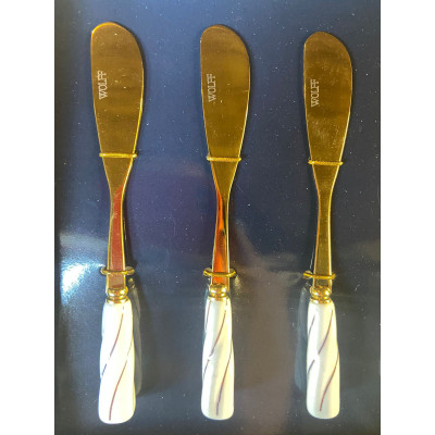 CJ 4 ESPATULAS AÇO INOX  DOURADO  C/ CABO CERÂMICA BRANCO