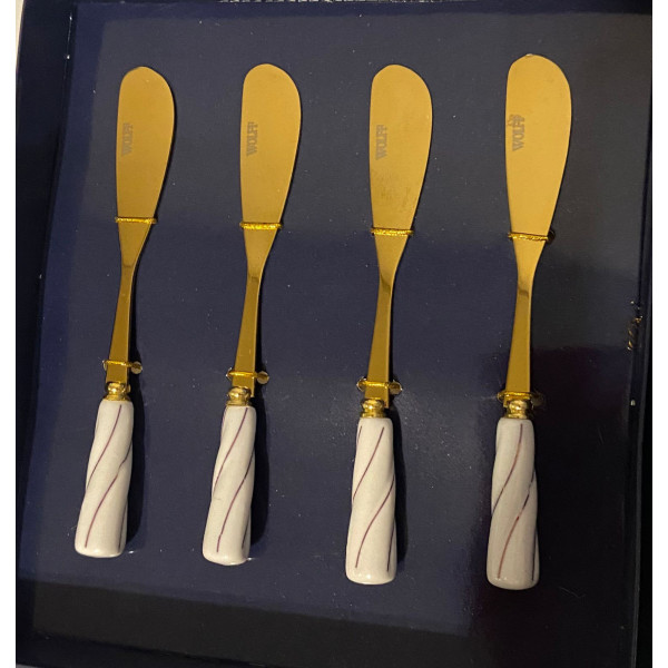 CJ 4 ESPATULAS AÇO INOX  DOURADO  C/ CABO CERÂMICA BRANCO