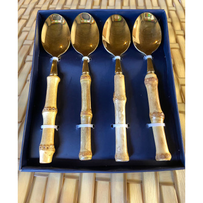 CJ 4 COLHERES DE SOBREMESA DE AÇO INOX C/ CABO EM BAMBU TULUM DOURADO