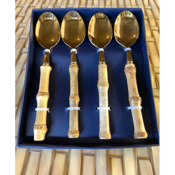 CJ 4 COLHERES DE SOBREMESA DE AÇO INOX C/ CABO EM BAMBU TULUM DOURADO