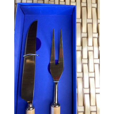CJ 2PC FACA  E GARFO AÇO INOX P/ ASSADO C/CABO BAMBU DOURADO