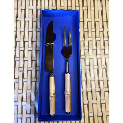 CJ 2PC FACA  E GARFO AÇO INOX P/ ASSADO C/CABO BAMBU DOURADO