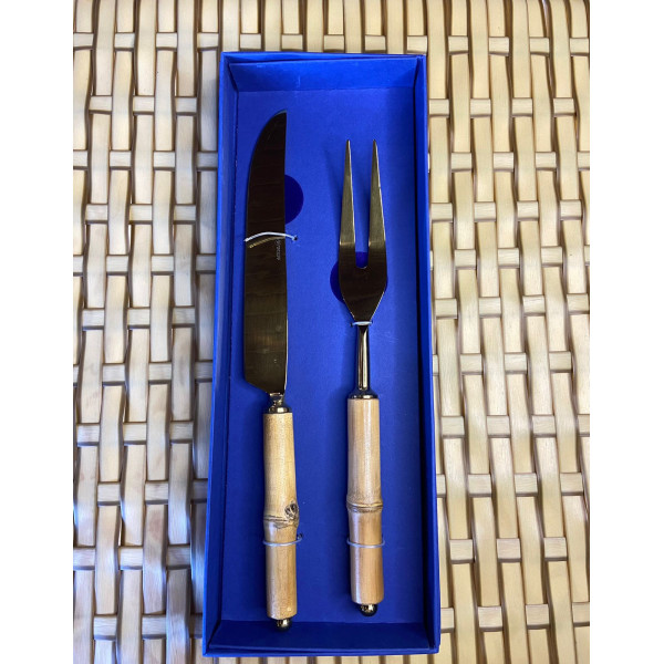 CJ 2PC FACA  E GARFO AÇO INOX P/ ASSADO C/CABO BAMBU DOURADO
