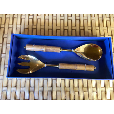 CJ 2PC AÇO INOX P/ SALADA C/ CABO BAMBU DOURADO