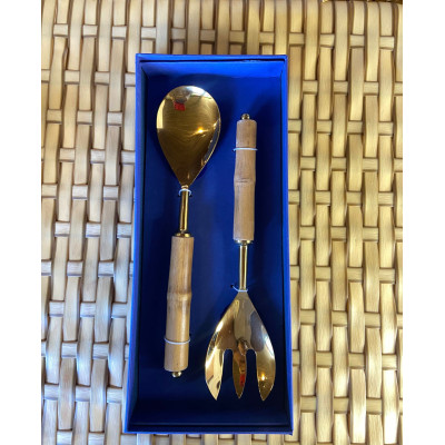 CJ 2PC AÇO INOX P/ SALADA C/ CABO BAMBU DOURADO