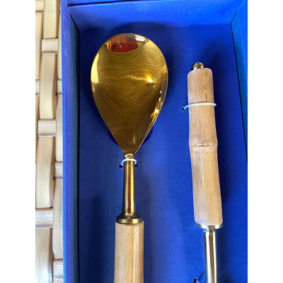 CJ 2PC AÇO INOX P/ SALADA C/ CABO BAMBU DOURADO