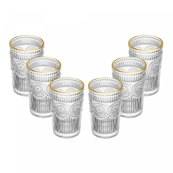 CJ 6 COPOS ALTOS DE VIDRO COM FIO DE OURO MANDALA 380ML
