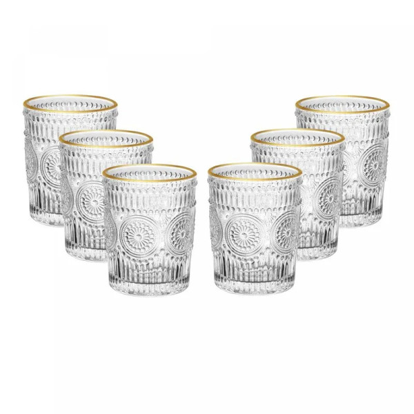 CJ 6 COPOS DE VIDRO COM FIO DE OURO MANDALA 260ML