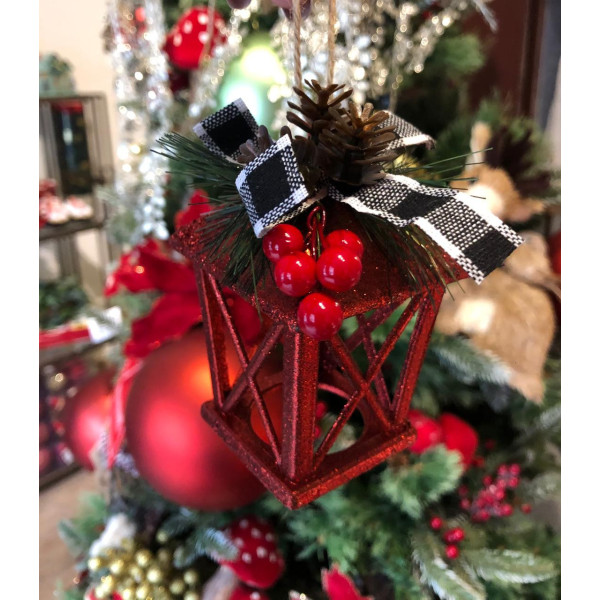 ENFEITE NATAL LAMPARINA PENDURAR C/PINHA (VERMELHO) 12cm