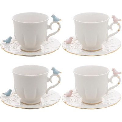 CJ 4 XICARAS P/CHA PORCELANA BIRDS BRANCO 200ml