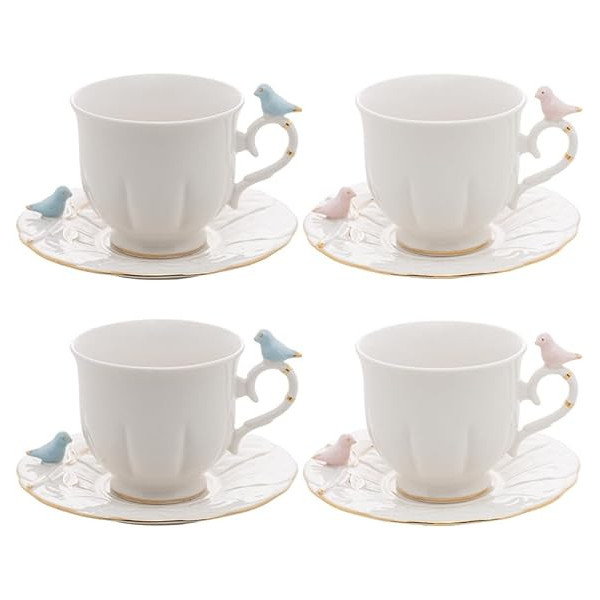 CJ 4 XICARAS P/CHA PORCELANA BIRDS BRANCO 200ml