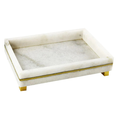 BANDEJA EM MARMORE BRANCO COM DETALHES DOURADOS 25CM X 15CM