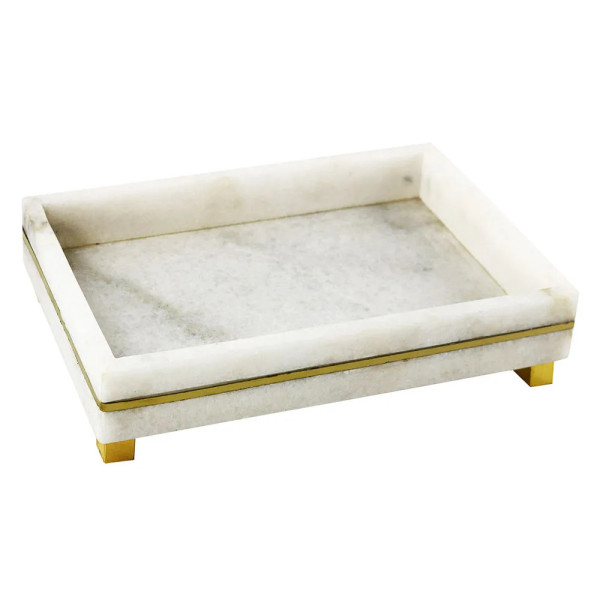 BANDEJA EM MARMORE BRANCO COM DETALHES DOURADOS 25CM X 15CM
