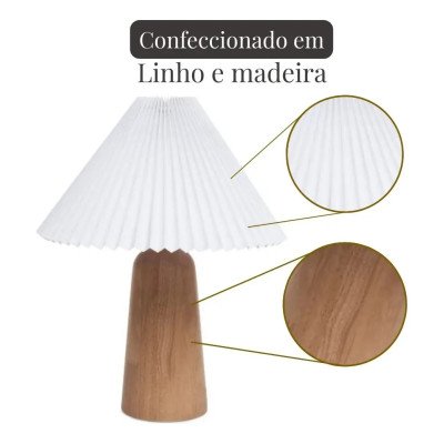 LUMINÁRIA DE MESA ABAJUR EM MADEIRA E LINHO BRANCO