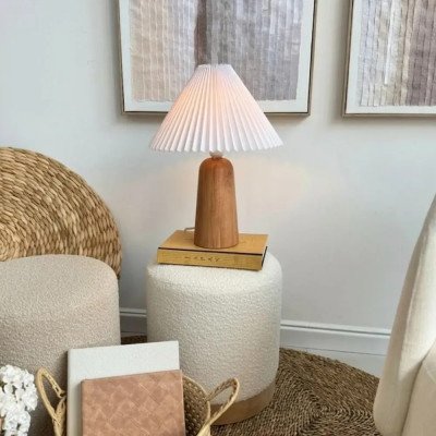LUMINÁRIA DE MESA ABAJUR EM MADEIRA E LINHO BRANCO
