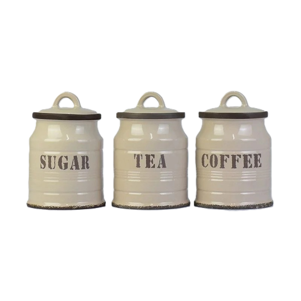 Jogo com 3 Potes Sugar, Tea e Coffee em Cerâmica 17 cm