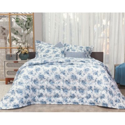 Poeme Cobre Leito Estampado - king - Percal 300 Fios - Acetinado - 3 Peças - Floral Azul