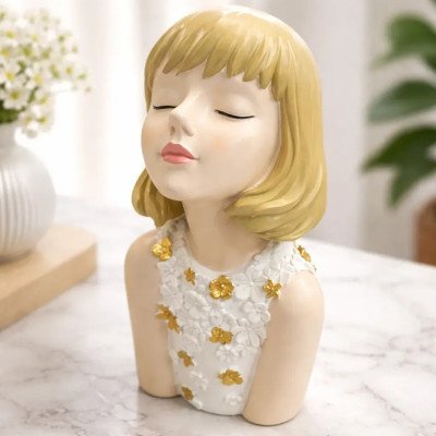 Escultura Decorativa em Poliresina Menina com Borboletas e Flores
