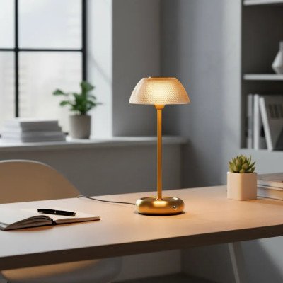 Luminária de Mesa LED em Metal e Vidro USB Dourada