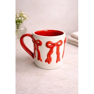 Caneca Decorativa Laço Branco e Vermelho