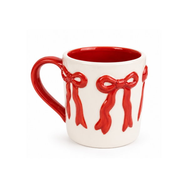 Caneca Decorativa Laço Branco e Vermelho