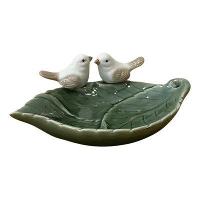 Peça Decorativa em Cerâmica Folha com 2 Pássaros 19x12x6cm