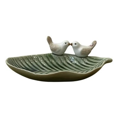 Peça Decorativa em Cerâmica Folha com 2 Pássaros 18x12x6cm