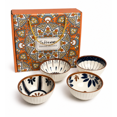 Conjunto 4 Bowls de Cerâmica Marrom e Azul