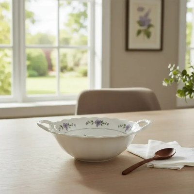 Travessa Redonda em Porcelana Floral Lavanda com Alça