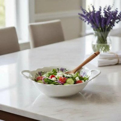 Travessa Redonda em Porcelana Floral Lavanda com Alça