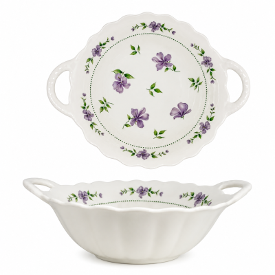 Travessa Redonda em Porcelana Floral Lavanda com Alça