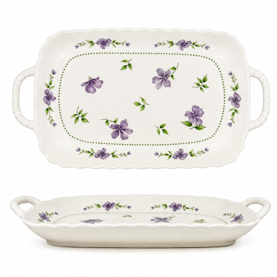 Travessa Retangular em Porcelana Floral Lavanda com Alça