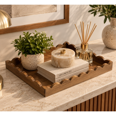 Bandeja De Madeira Wave Retangular Decorativa 45x36x5cm
