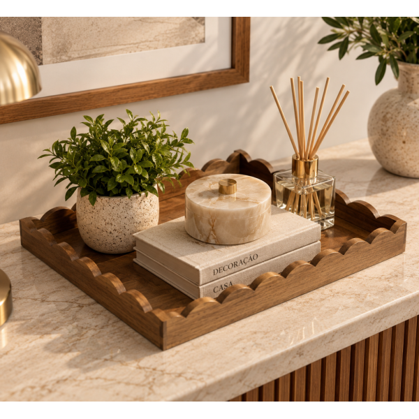 Bandeja De Madeira Wave Retangular Decorativa 45x36x5cm