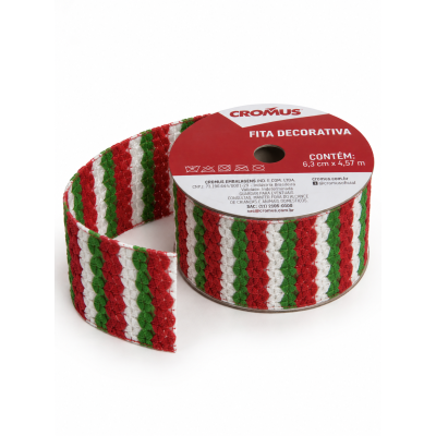 Fita Aramada Listrada Vermelho, Verde e Branco 6,3cm x 4,57m