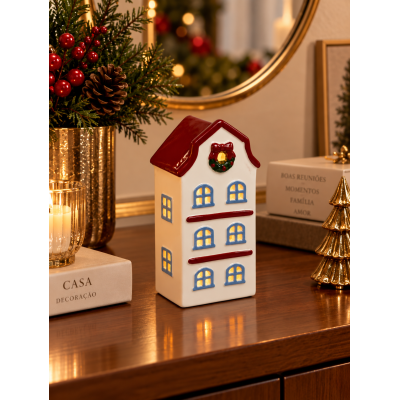 Casa Natalina em Cerâmica Decorada com Luz 15,5cm