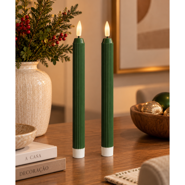 Jogo 2 Velas Eletrônicas Caneladas Verdes 25cm