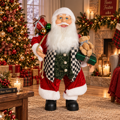 Papai Noel Decorativo Casaco Checker em Veludo Vermelho 80cm
