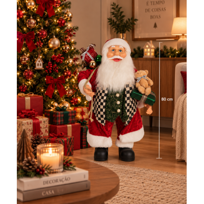 Papai Noel Decorativo Casaco Checker em Veludo Vermelho 80cm