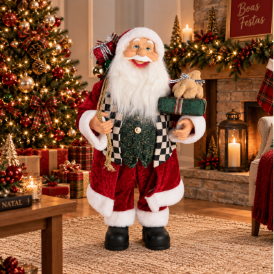 Papai Noel Decorativo Casaco Checker em Veludo Vermelho 60cm
