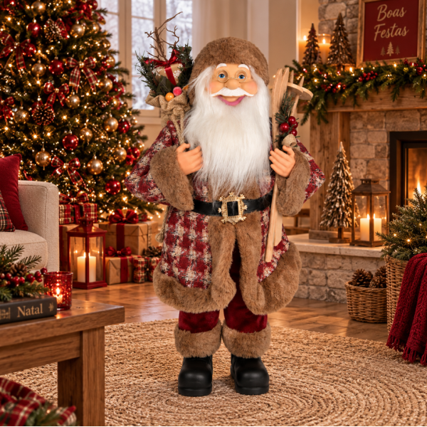 Papai Noel Decorativo com Presente e Casaco Tweed 60cm