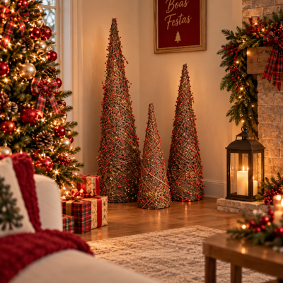 Árvore de Natal em Rattan Rústica Decorada Grande 80cm