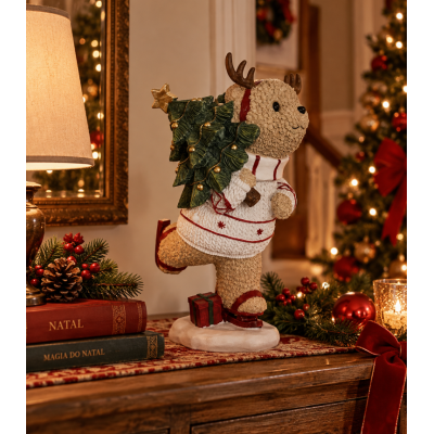 Urso Decorativo Natalino em Resina Vermelho e Branco 32,5cm