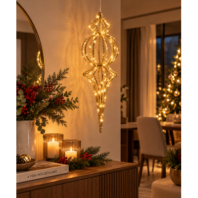 Ornamento Luminoso Pendente com 100 LEDs Glitter Champagne 60cm Bivolt IP44