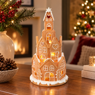 Enfeite Decorativo Castelo Ginger em Resina Marrom e Branco 21cm