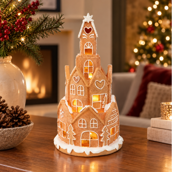 Enfeite Decorativo Castelo Ginger em Resina Marrom e Branco 21cm