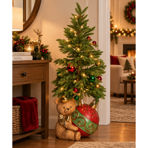 Urso Natalino Decorativo em Resina com Árvore e LED 120cm