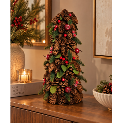 Mini Árvore Cone Decorada com Pinhas Verde, Vermelho e Marrom 42cm