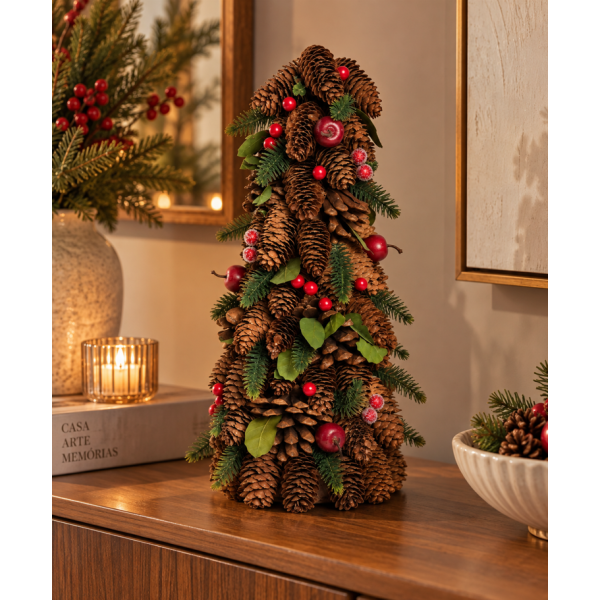 Mini Árvore Cone Decorada com Pinhas Verde, Vermelho e Marrom 42cm